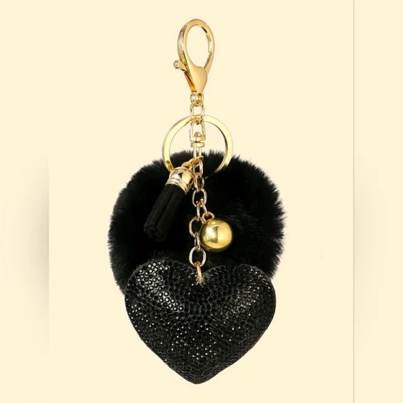 Black Rhinestone Heart 🖤 Pom Pom Keychain NWOT - Picture 2 of 3